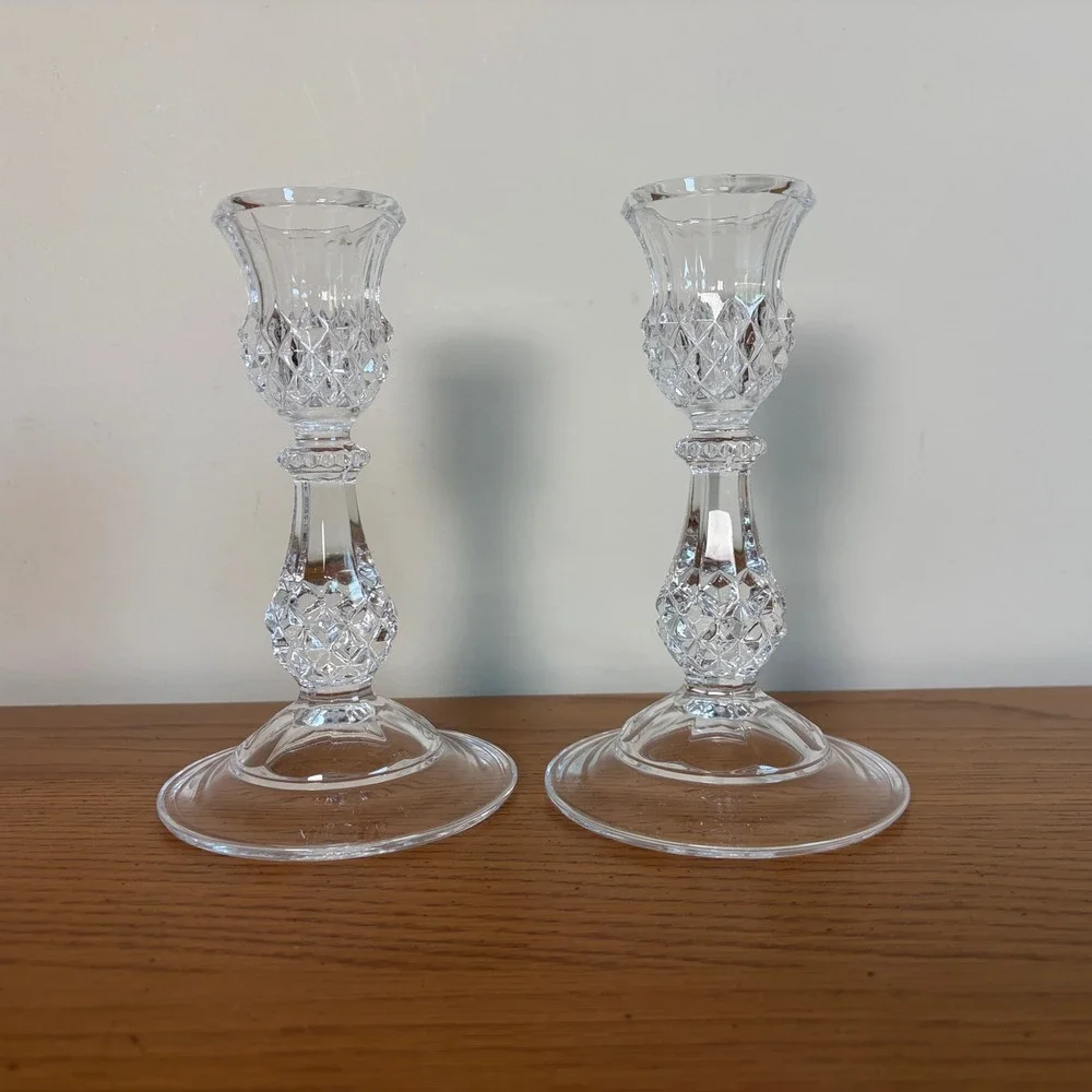 Waterford Crystal Lismore Taper Candlestick Holders Pair Diamond Cut Clear